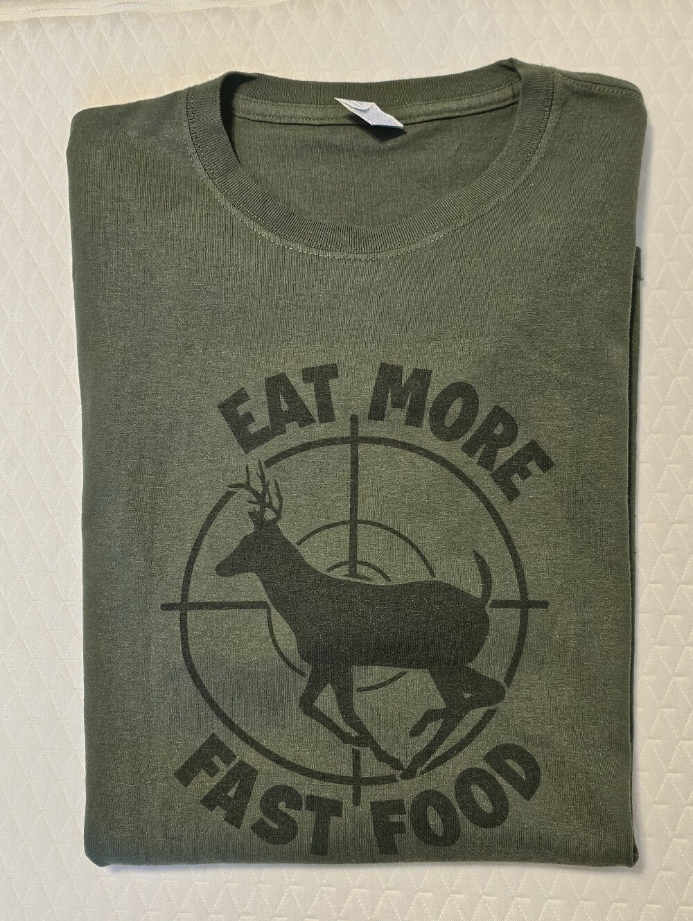 Jerzees Mens Large T Shirt Eat More Fast Food Deer Hunting Graphic Olive Green L